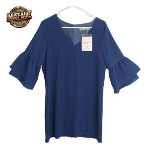 NWT Belongsci Women's Blue Dress M Ruffle Sleeve Shift V-Neck Back Zipper Lined
